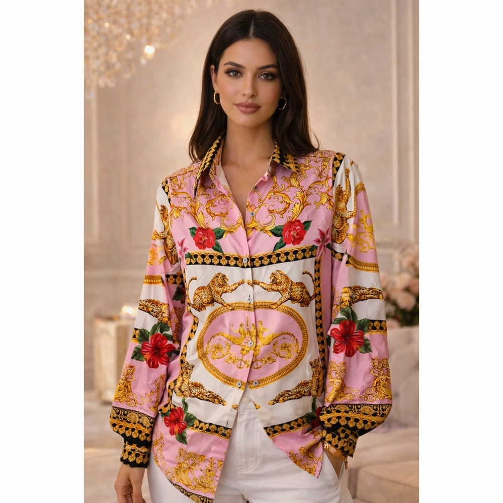 Luxe Pink Black and Leopard Satiny Collared Button Down Upscale Top!